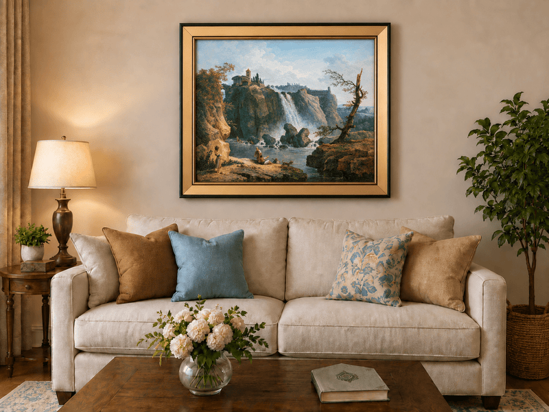 Landscape Oil Painting - Grand Waterfall with Classical Ruins