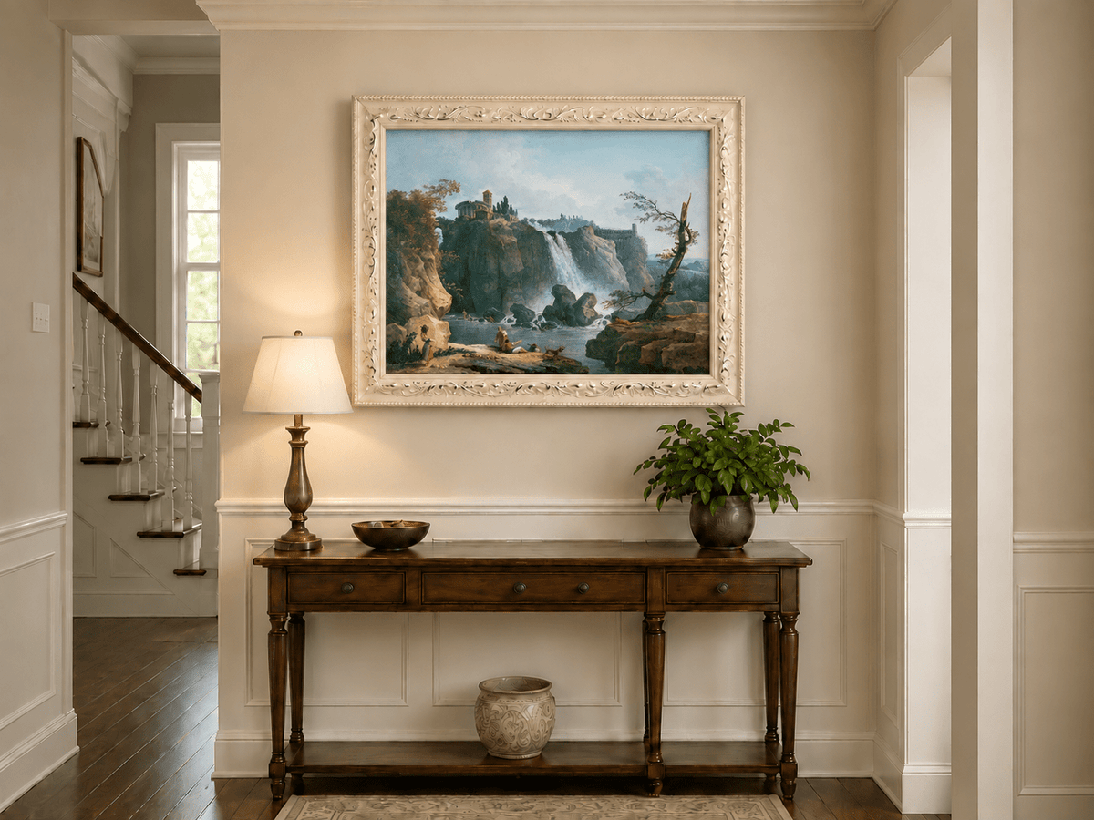 Landscape Oil Painting - Grand Waterfall with Classical Ruins