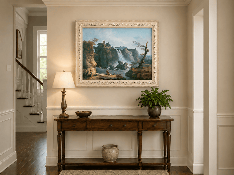 Landscape Oil Painting - Grand Waterfall with Classical Ruins
