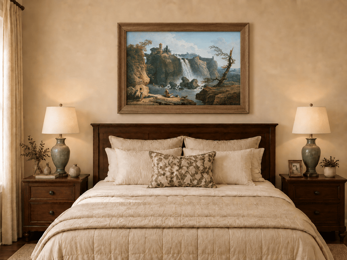 Landscape Oil Painting - Grand Waterfall with Classical Ruins