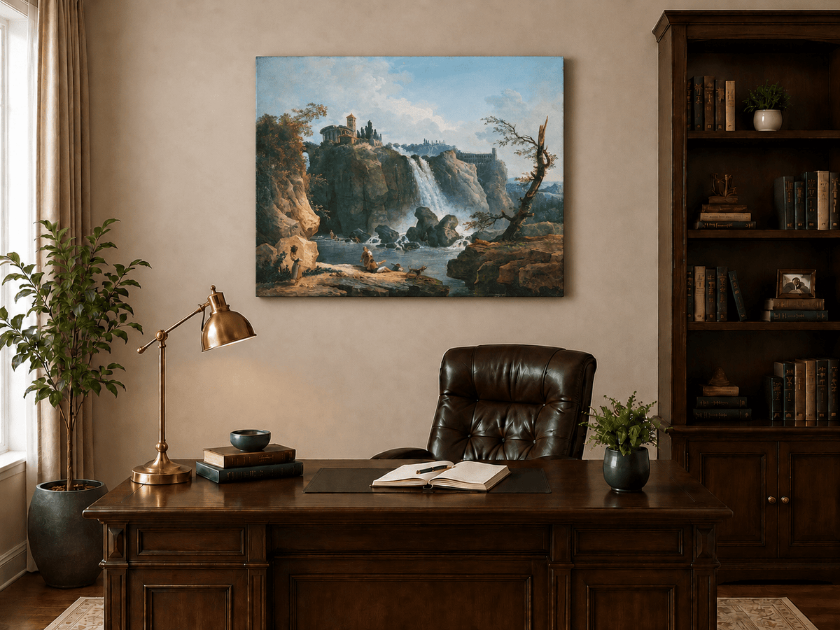 Landscape Oil Painting - Grand Waterfall with Classical Ruins
