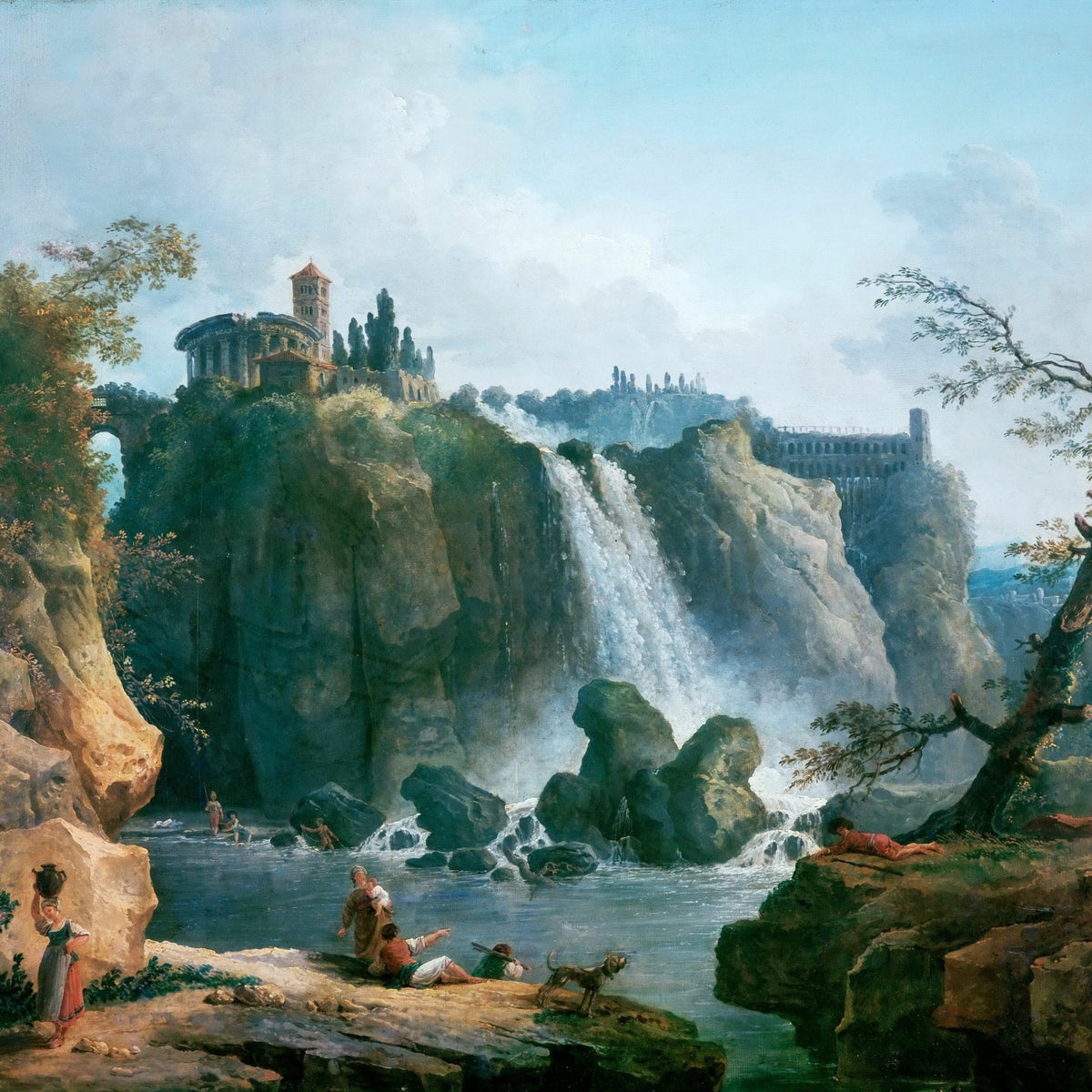 Landscape Oil Painting - Grand Waterfall with Classical Ruins - Oil Painting Haven