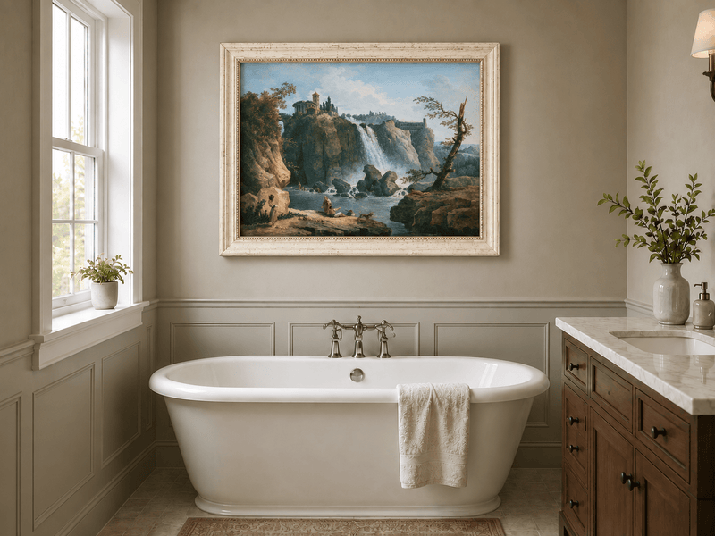 Landscape Oil Painting - Grand Waterfall with Classical Ruins