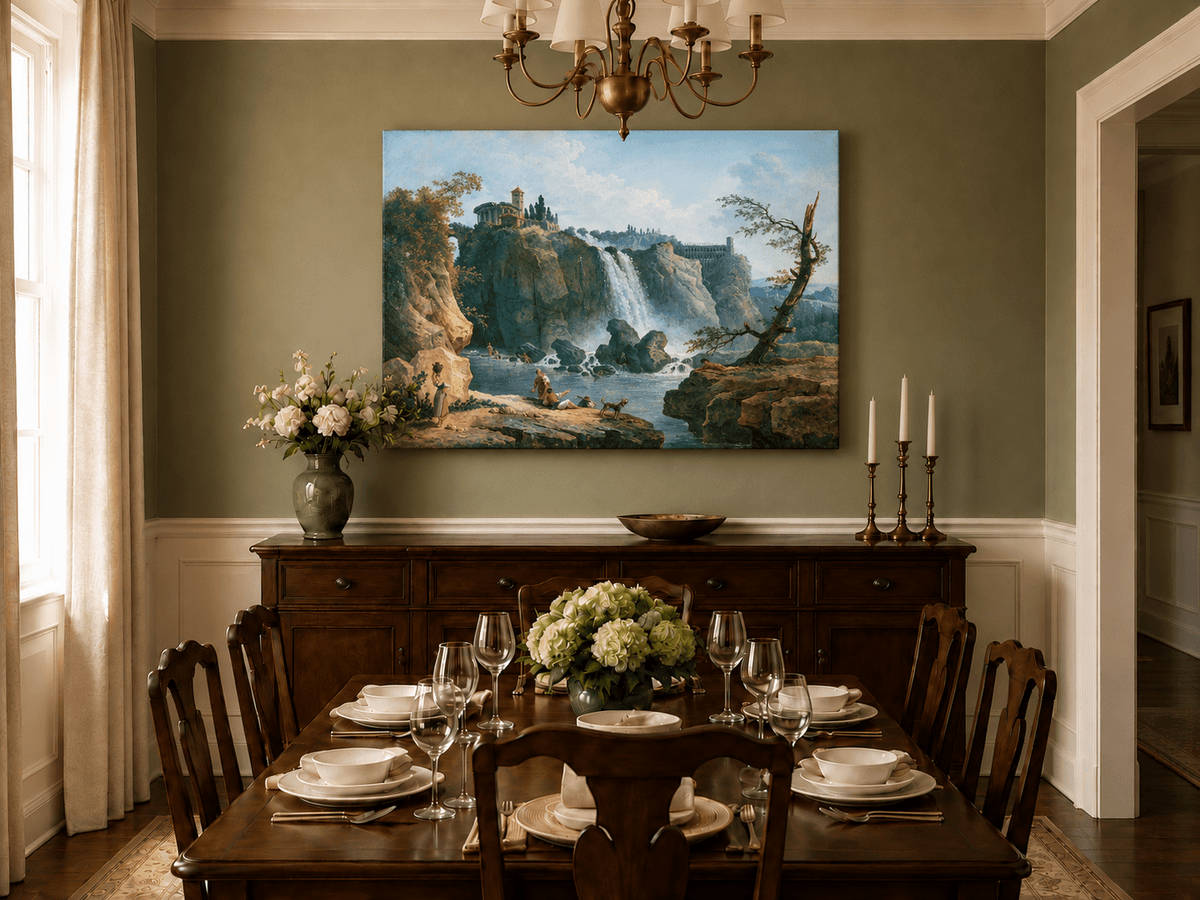 Landscape Oil Painting - Grand Waterfall with Classical Ruins