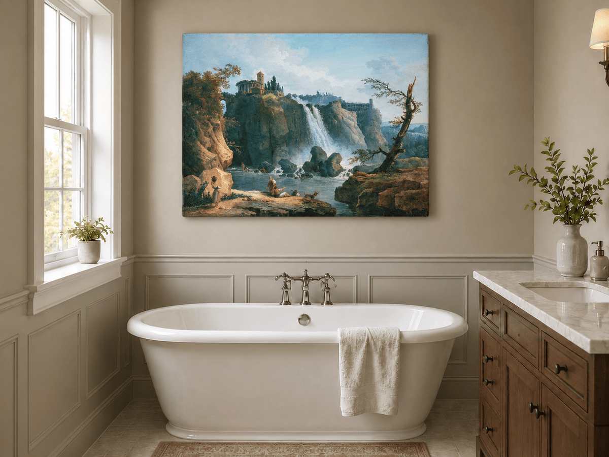 Landscape Oil Painting - Grand Waterfall with Classical Ruins