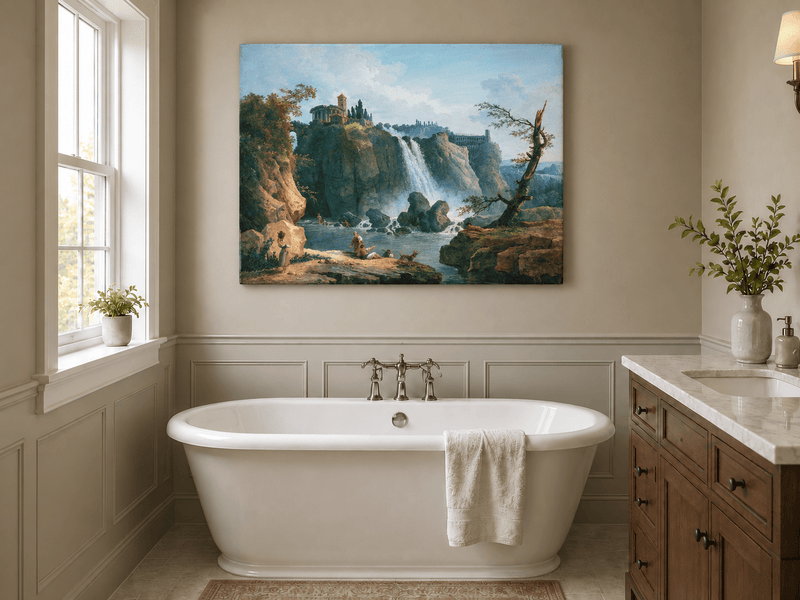 Landscape Oil Painting - Grand Waterfall with Classical Ruins