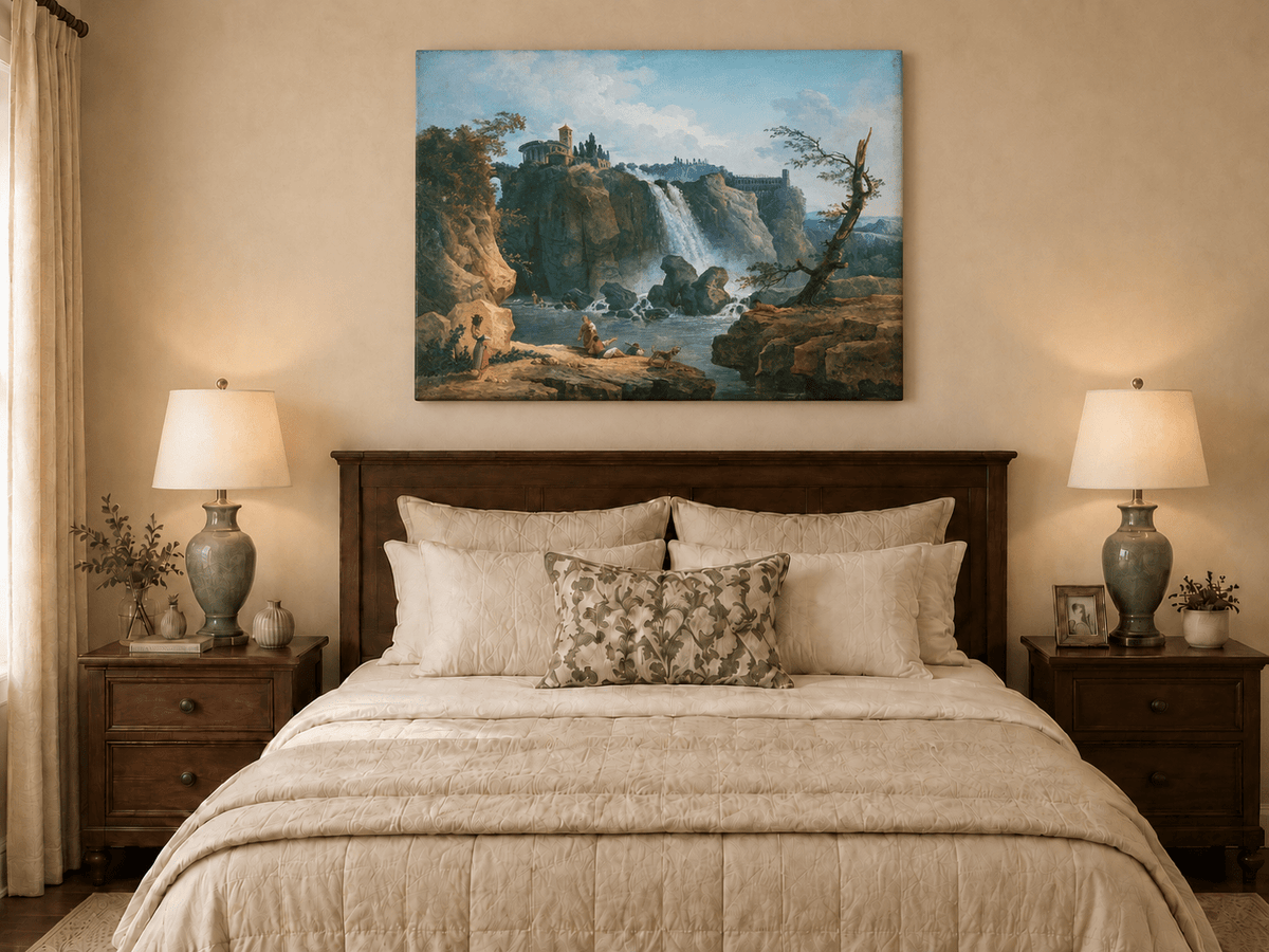 Landscape Oil Painting - Grand Waterfall with Classical Ruins