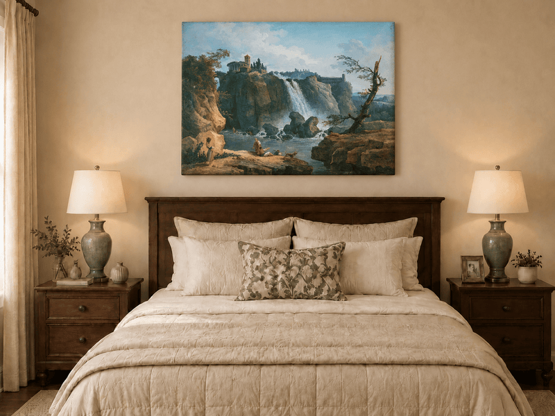 Landscape Oil Painting - Grand Waterfall with Classical Ruins