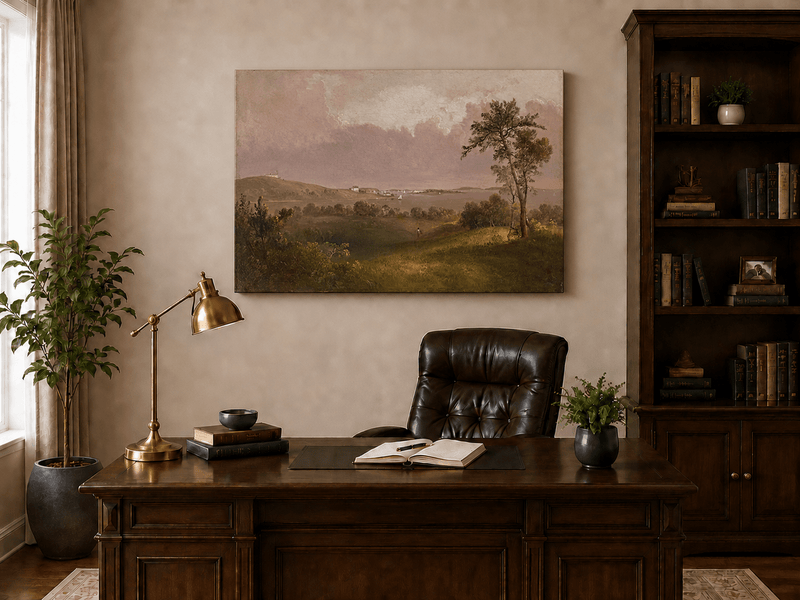 Ölgemälde Landschaft - Grashügel, einsamer Baum, Küstenbucht &