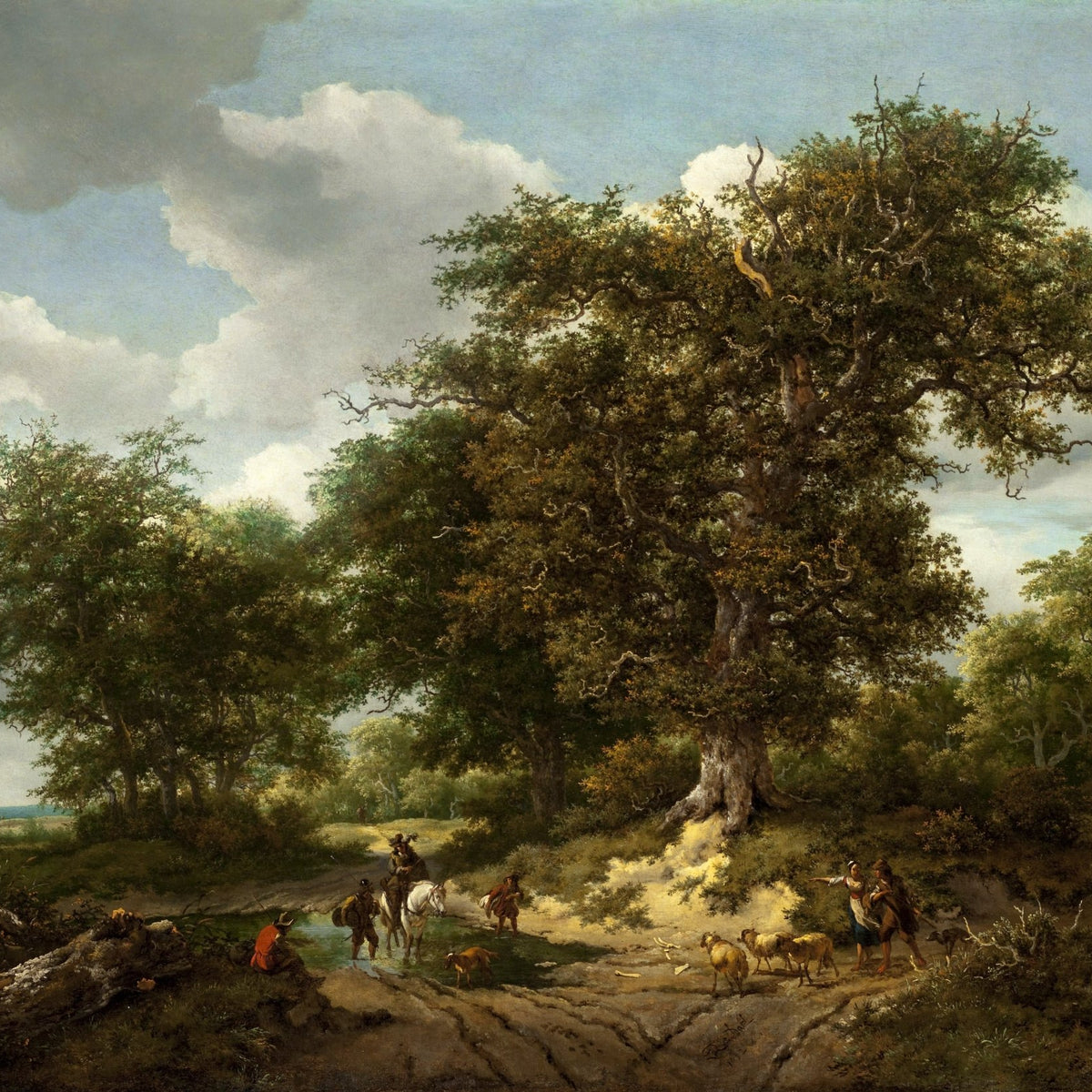 Hand-painted great oak forest with travelers and sheep landscape oil painting on canvas