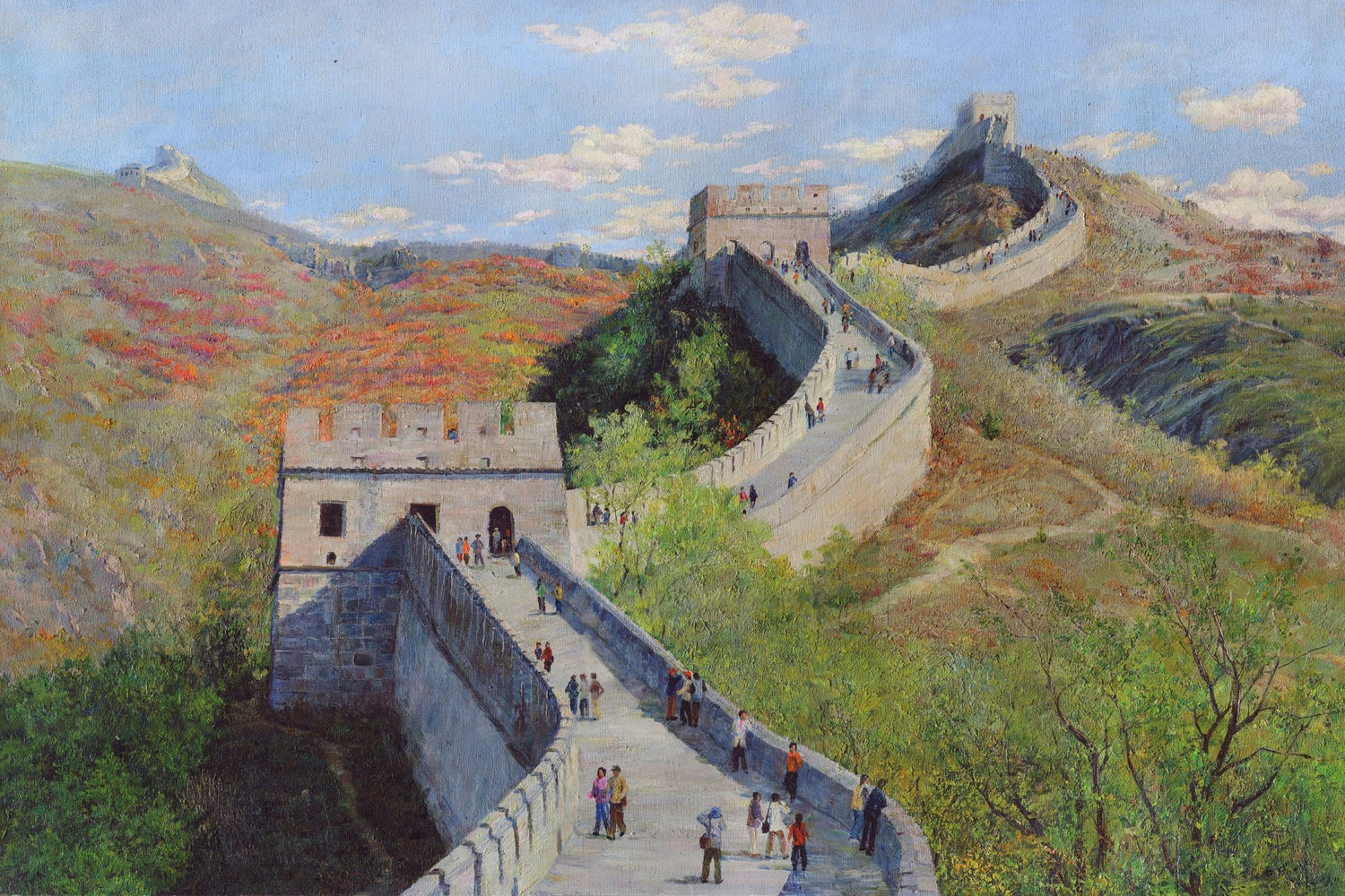 Landscape Oil Painting - Great Wall Autumn, Watchtowers, Tourists - Oil Painting Haven