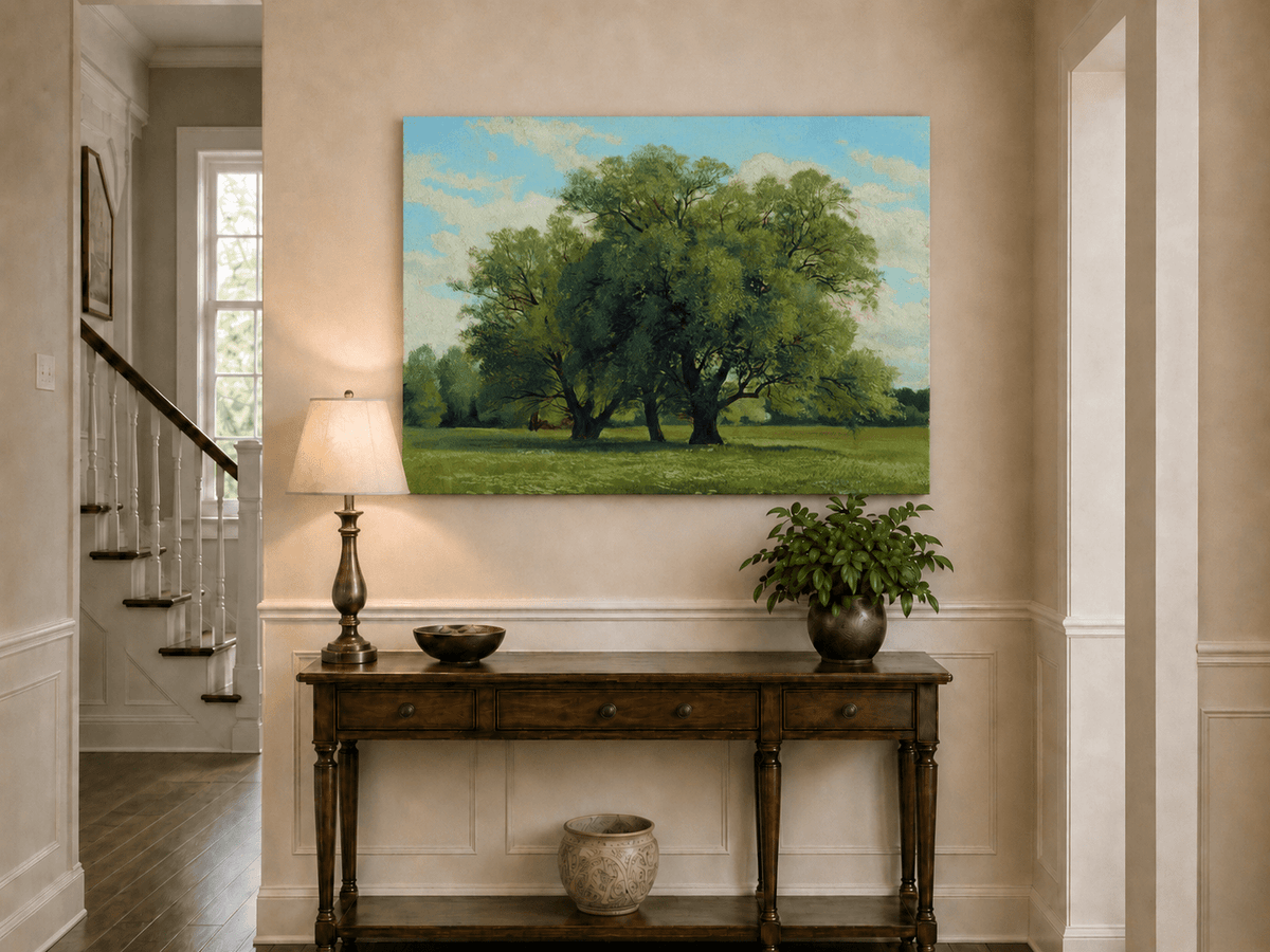 Peinture à l'huile de paysage - Gouffre rocheux spectaculaire avec personnages