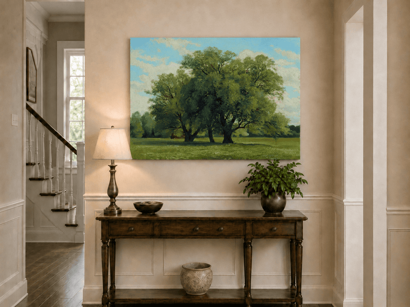 Peinture à l'huile de paysage - Gouffre rocheux spectaculaire avec personnages