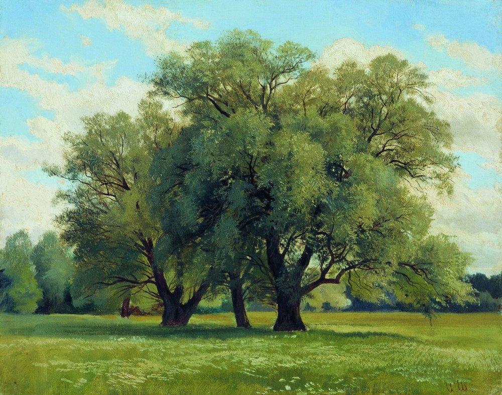 Hand-painted green meadow with majestic trees landscape oil painting on canvas