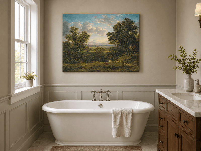 Peinture à l'huile de paysage - Gouffre rocheux spectaculaire avec personnages