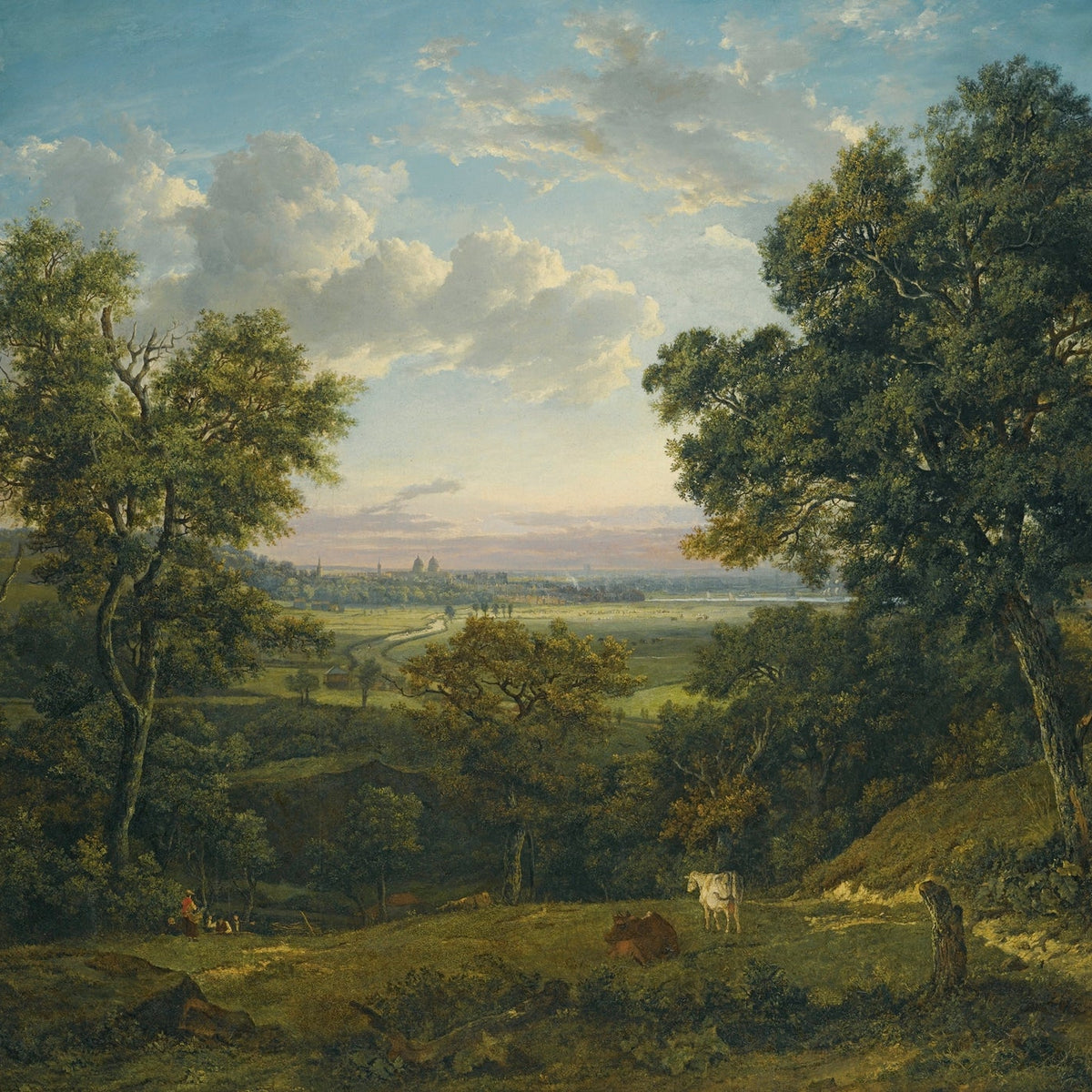 Hand-painted greenwich wood with cows and city view landscape oil painting on canvas