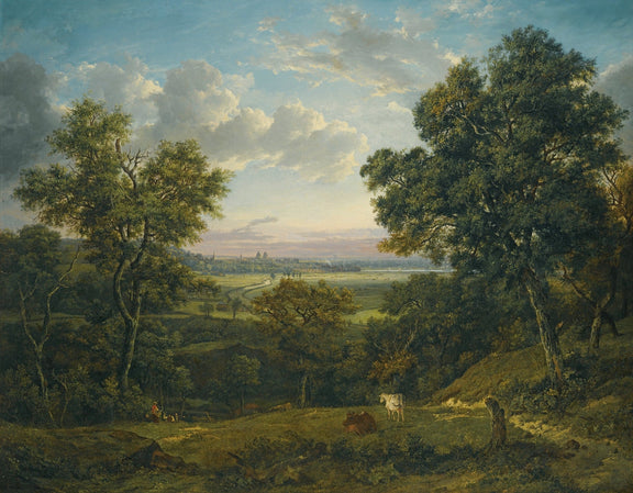 Hand-painted greenwich wood with cows and city view landscape oil painting on canvas