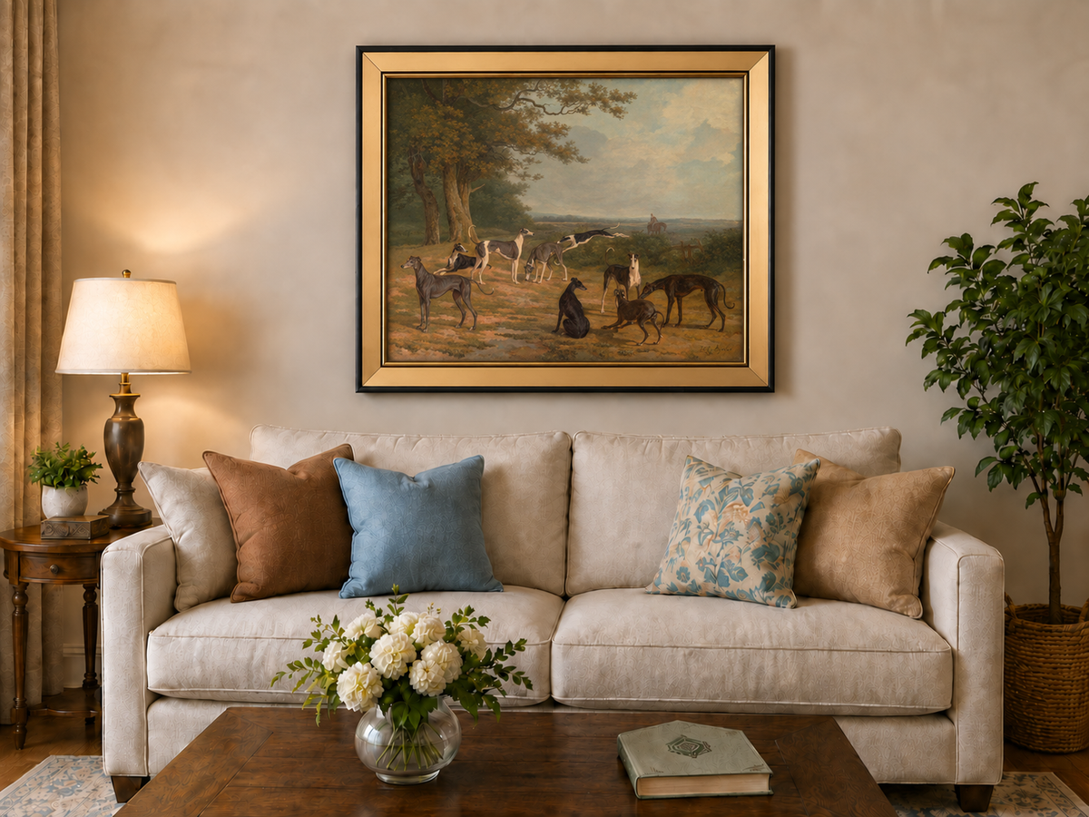 Hand-painted Greyhounds in Countryside Clearing landscape oil painting displayed as wall art in a styled interior
