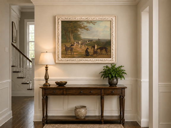 Hand-painted Greyhounds in Countryside Clearing landscape oil painting displayed as wall art in a styled interior