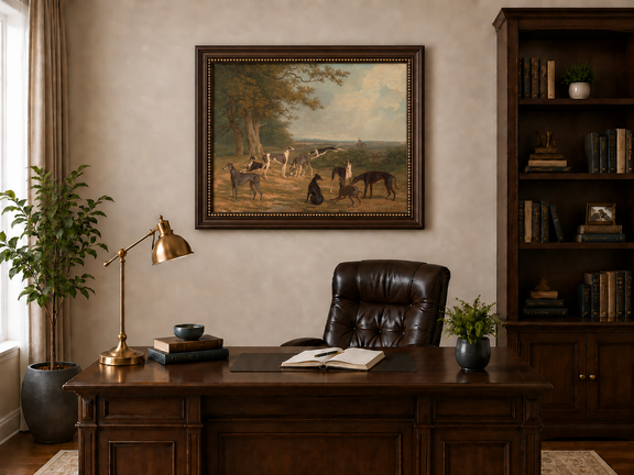 Hand-painted Greyhounds in Countryside Clearing landscape oil painting displayed as wall art in a styled interior