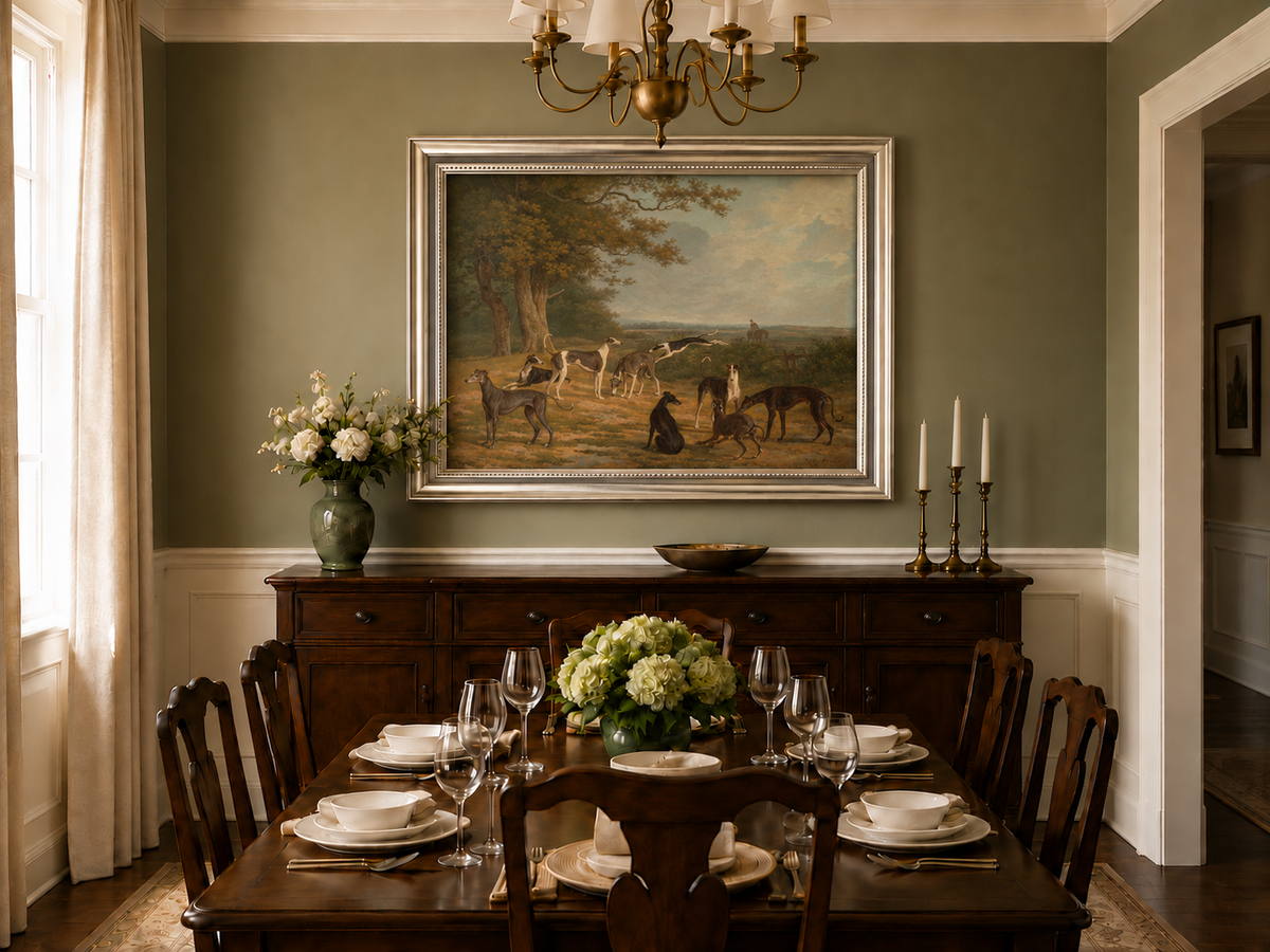Hand-painted Greyhounds in Countryside Clearing landscape oil painting displayed as wall art in a styled interior