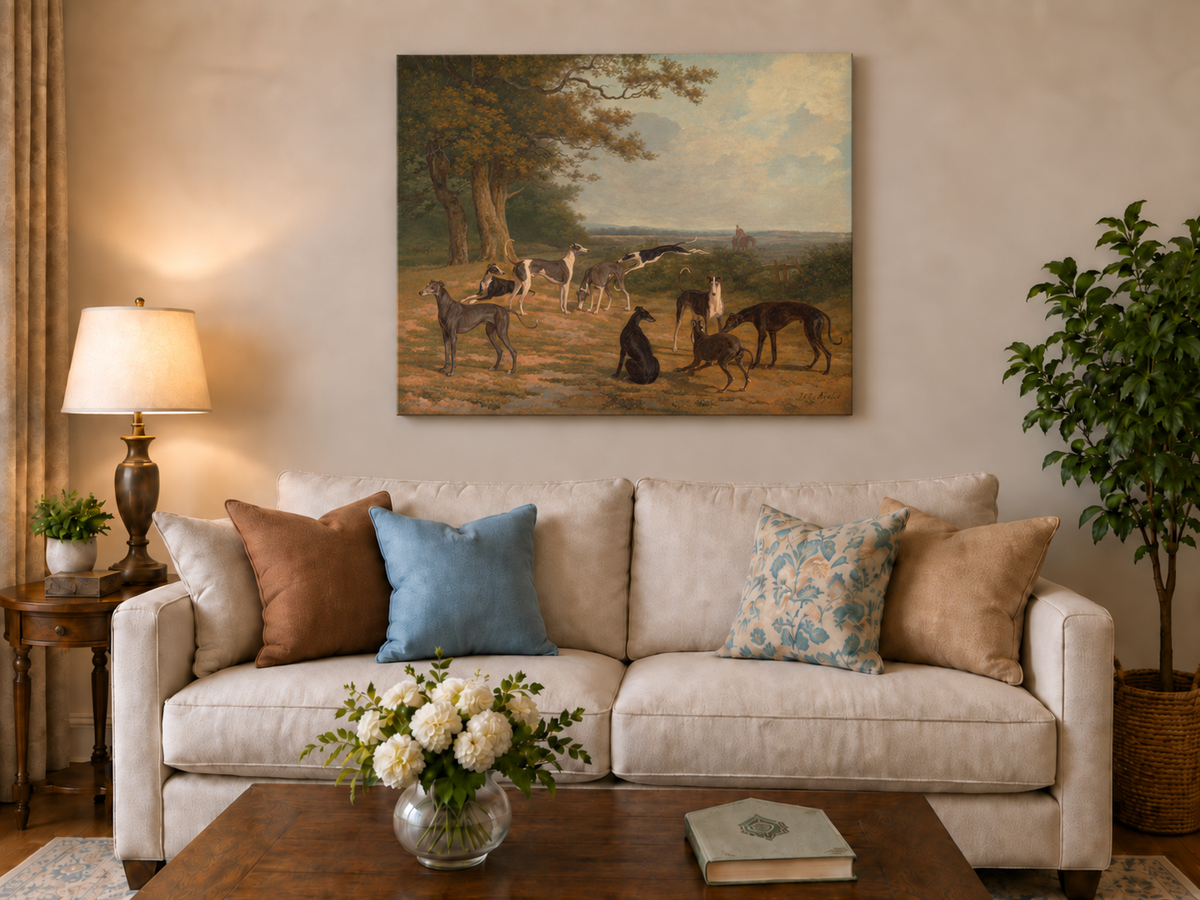 Hand-painted Greyhounds in Countryside Clearing landscape oil painting displayed as wall art in a styled interior