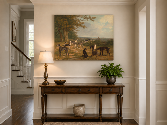 Hand-painted Greyhounds in Countryside Clearing landscape oil painting displayed as wall art in a styled interior
