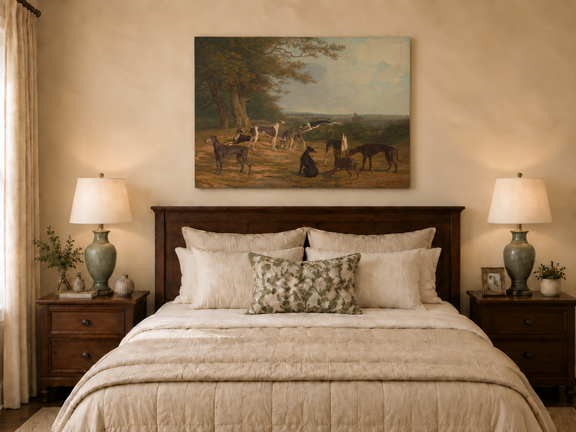 Hand-painted Greyhounds in Countryside Clearing landscape oil painting displayed as wall art in a styled interior