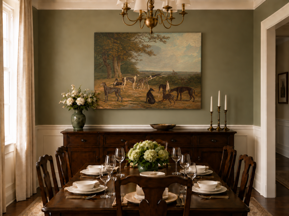 Hand-painted Greyhounds in Countryside Clearing landscape oil painting displayed as wall art in a styled interior