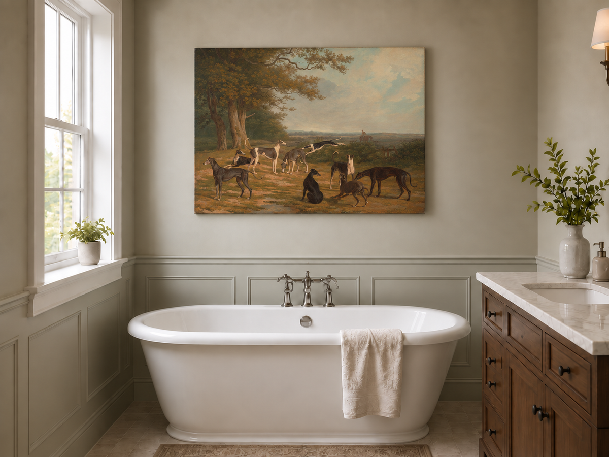 Hand-painted Greyhounds in Countryside Clearing landscape oil painting displayed as wall art in a styled interior