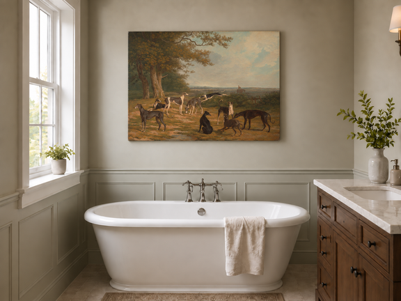 Hand-painted Greyhounds in Countryside Clearing landscape oil painting displayed as wall art in a styled interior