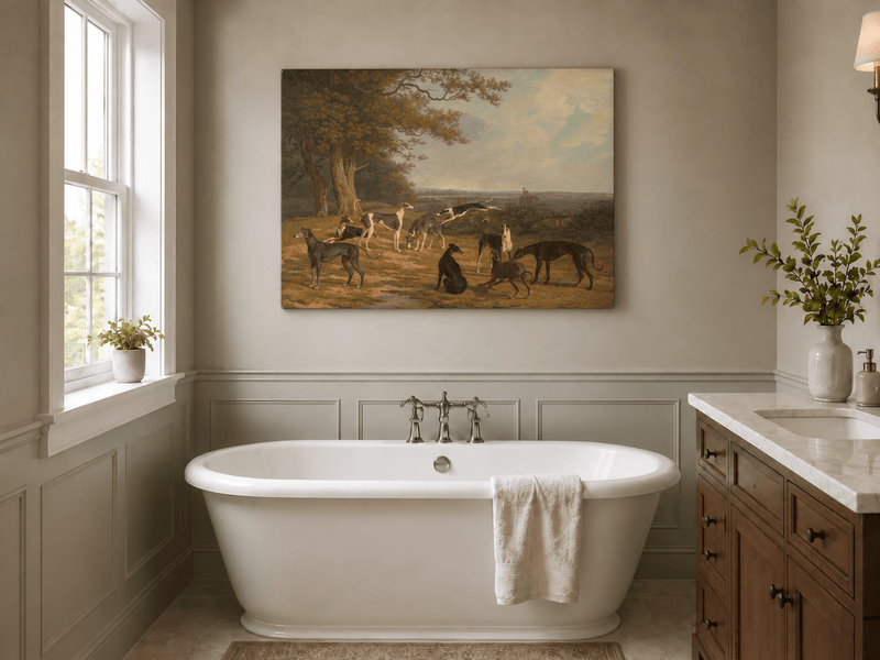 Hand-painted Greyhounds in Countryside Clearing landscape oil painting displayed as wall art in a styled interior