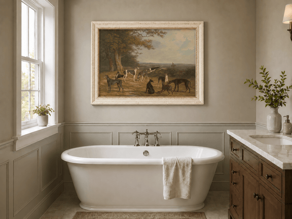 Hand-painted Greyhounds in Countryside Clearing landscape oil painting displayed as wall art in a styled interior