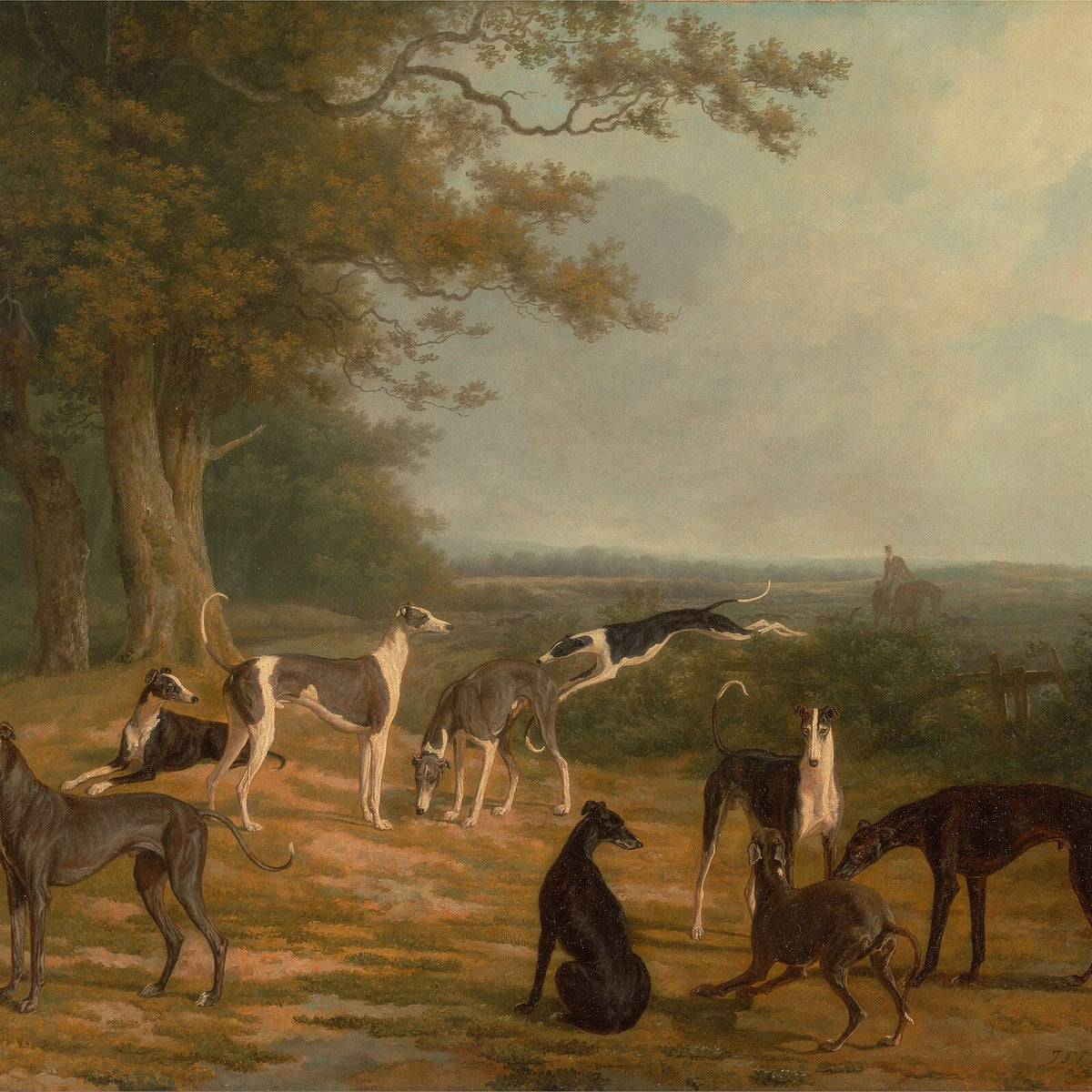 Hand-painted greyhounds in countryside clearing landscape oil painting on canvas