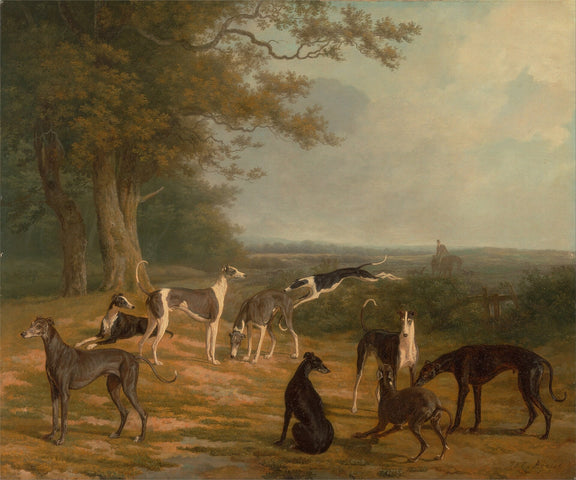 Hand-painted greyhounds in countryside clearing landscape oil painting on canvas
