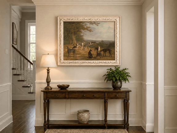 Hand-painted Greyhounds in Countryside Clearing landscape oil painting displayed as wall art in a styled interior
