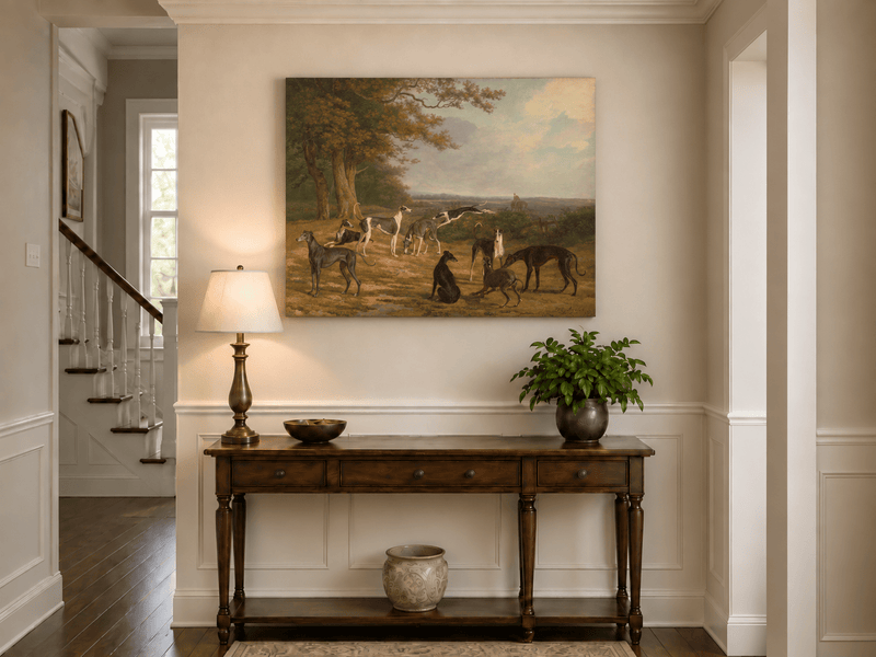 Hand-painted Greyhounds in Countryside Clearing landscape oil painting displayed as wall art in a styled interior
