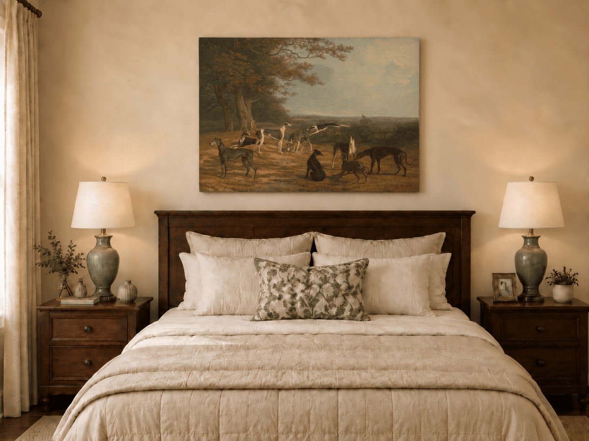 Hand-painted Greyhounds in Countryside Clearing landscape oil painting displayed as wall art in a styled interior