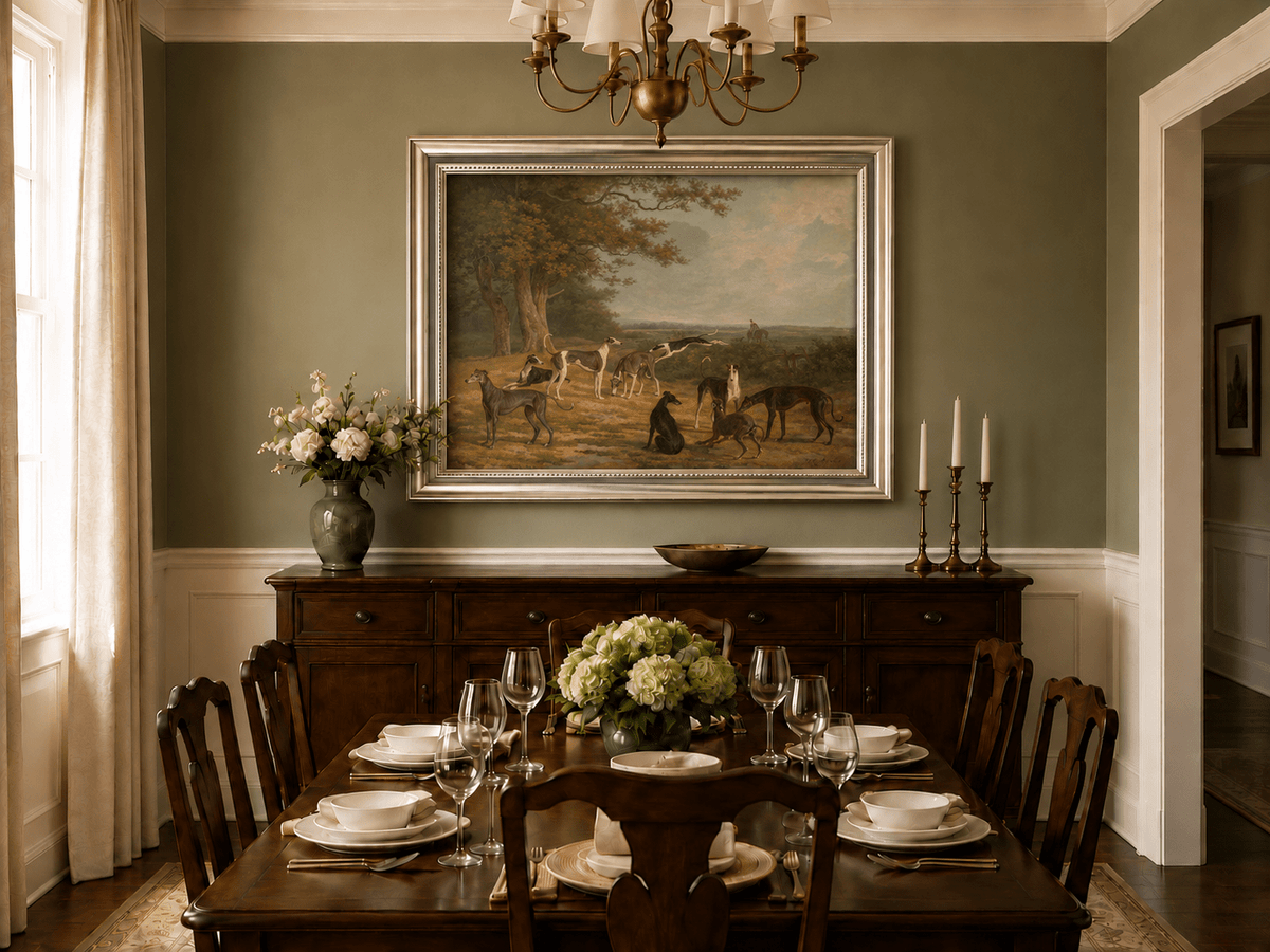 Hand-painted Greyhounds in Countryside Clearing landscape oil painting displayed as wall art in a styled interior