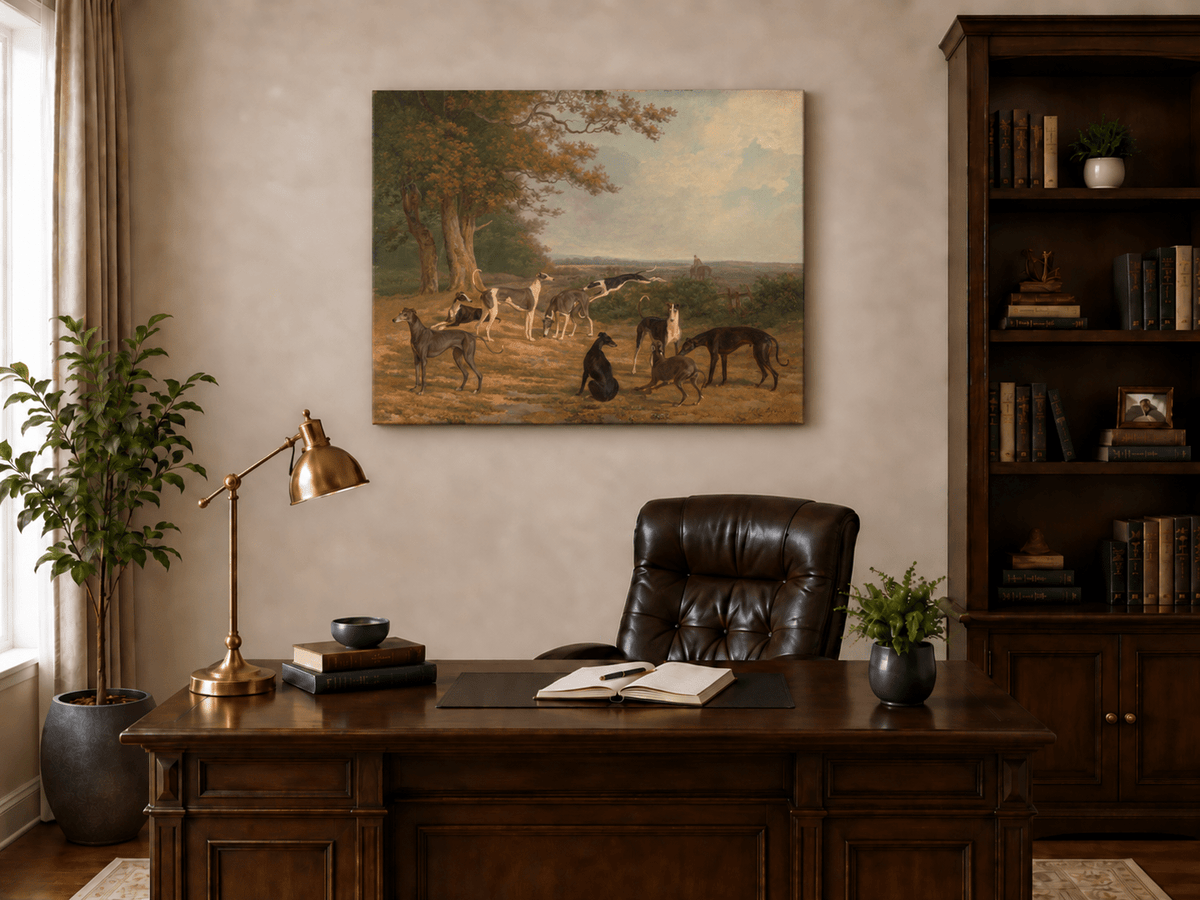 Hand-painted Greyhounds in Countryside Clearing landscape oil painting displayed as wall art in a styled interior