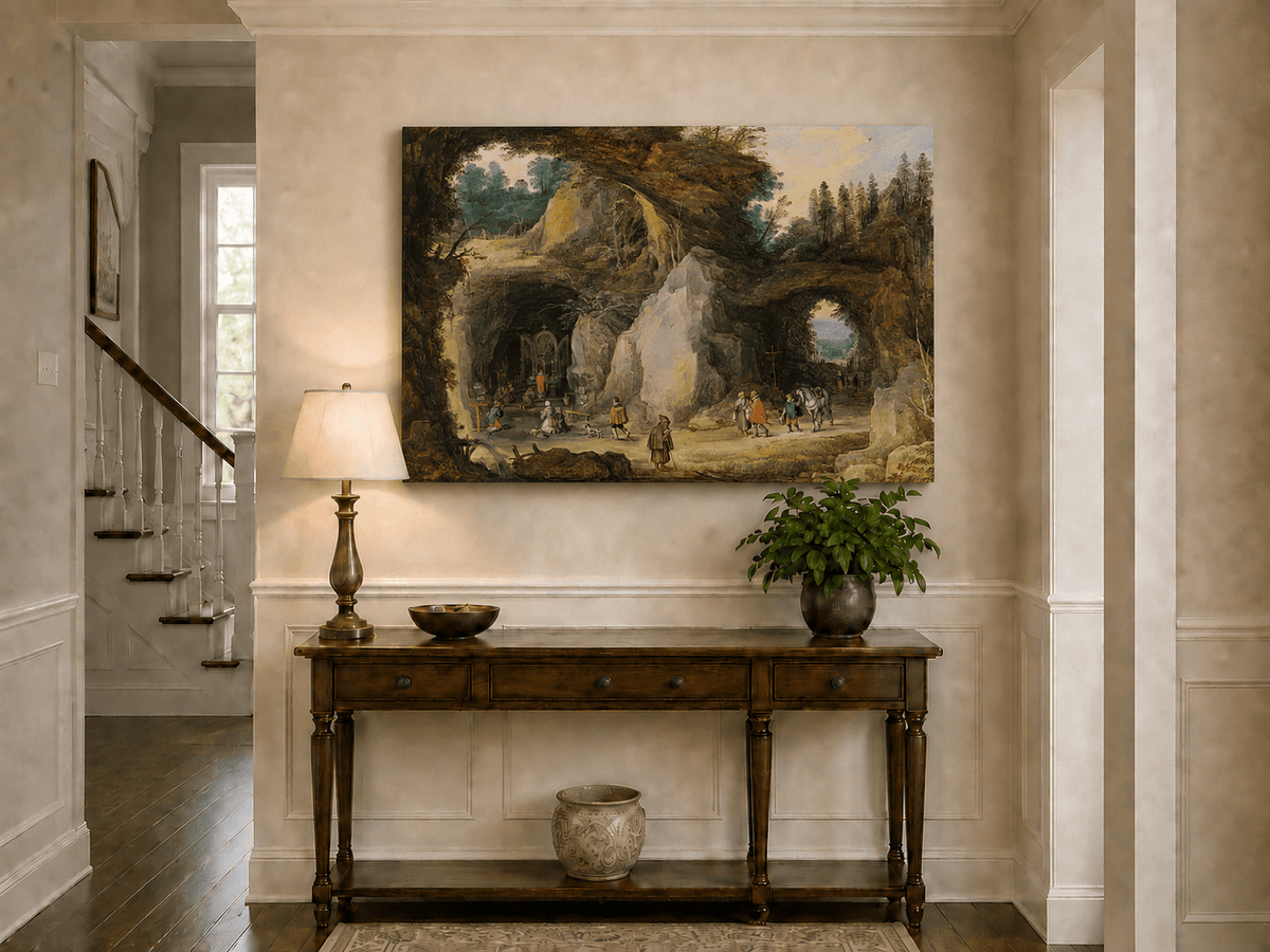 Landscape Oil Painting - Grotto Chapel and Pilgrims Scene