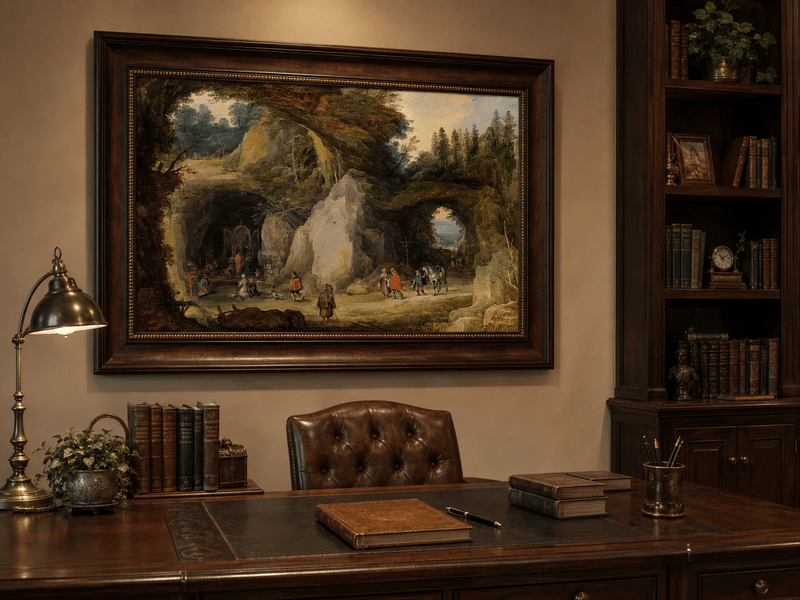 Landscape Oil Painting - Grotto Chapel and Pilgrims Scene