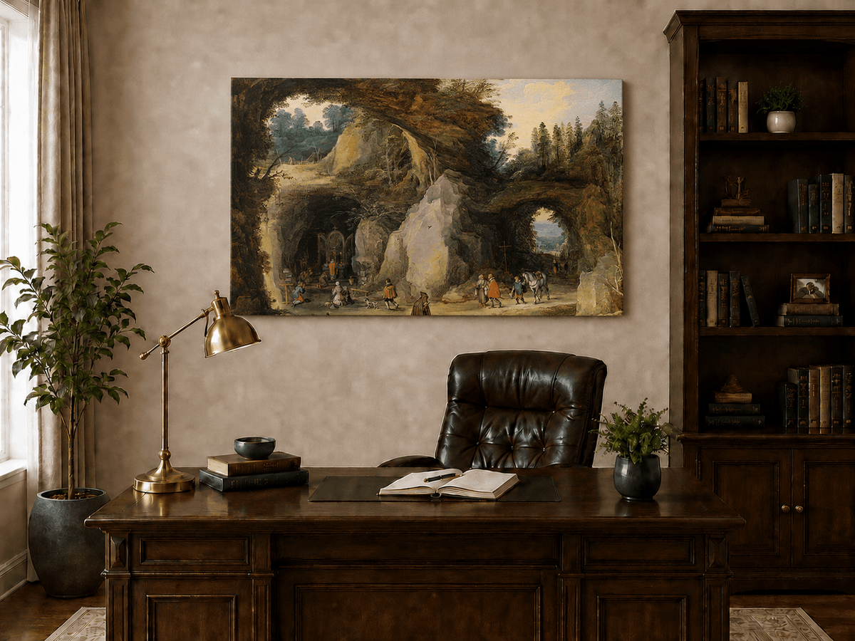 Landscape Oil Painting - Grotto Chapel and Pilgrims Scene