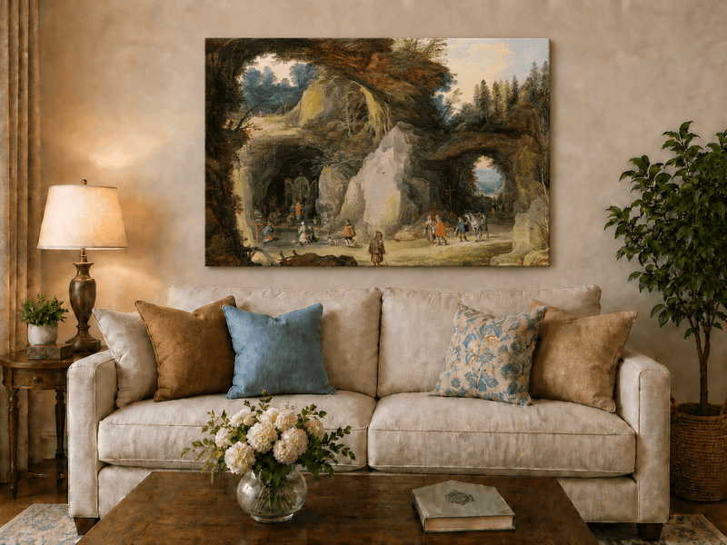 Landscape Oil Painting - Grotto Chapel and Pilgrims Scene