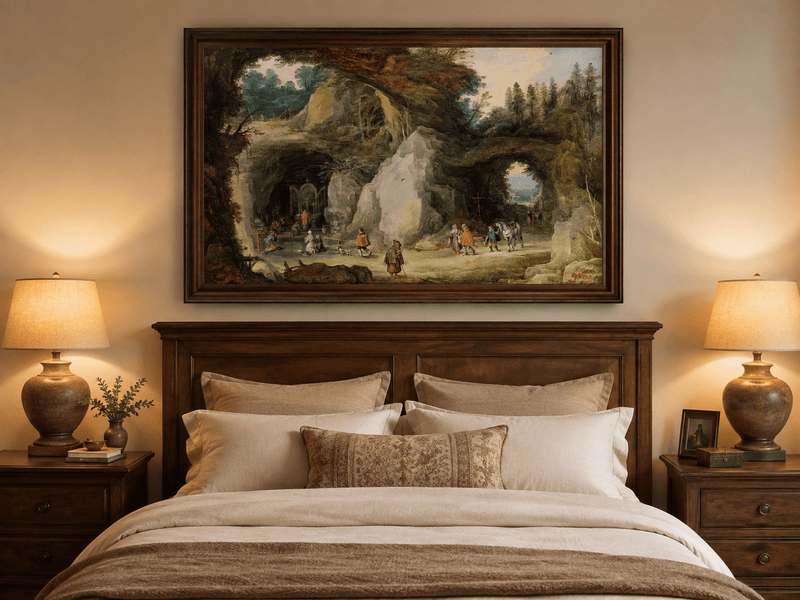 Landscape Oil Painting - Grotto Chapel and Pilgrims Scene