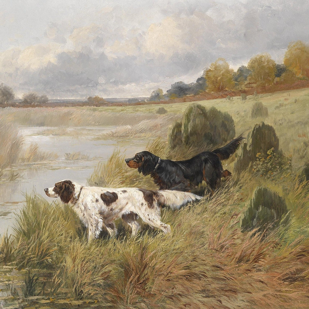 Landscape Oil Painting - Gun Dogs by Rural Pond, Reed Wetland - Oil Painting Haven