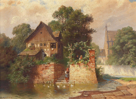 Landscape Oil Painting - Half - Timbered Cottage Riverside, Ducks, Figures - Oil Painting Haven