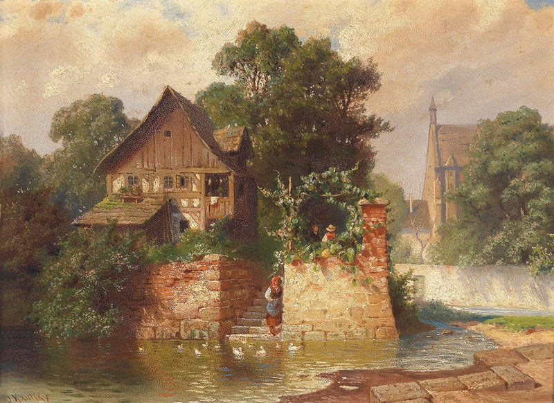 Landscape Oil Painting - Half - Timbered Cottage Riverside, Ducks, Figures - Oil Painting Haven