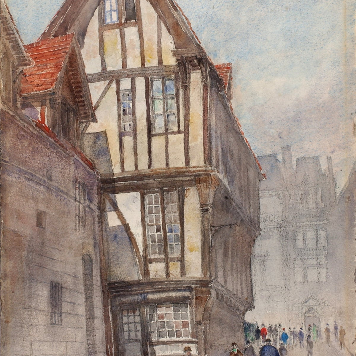 Hand-painted half-timbered house on old town street landscape oil painting on canvas