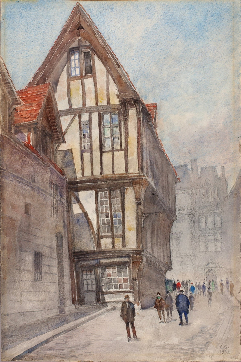 Hand-painted half-timbered house on old town street landscape oil painting on canvas